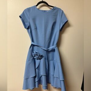 Elegant Blue Midi Dress with Floral Detail